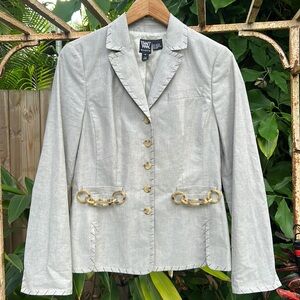 W by worth gray cotton blazer with contrast stitching and tan chain details